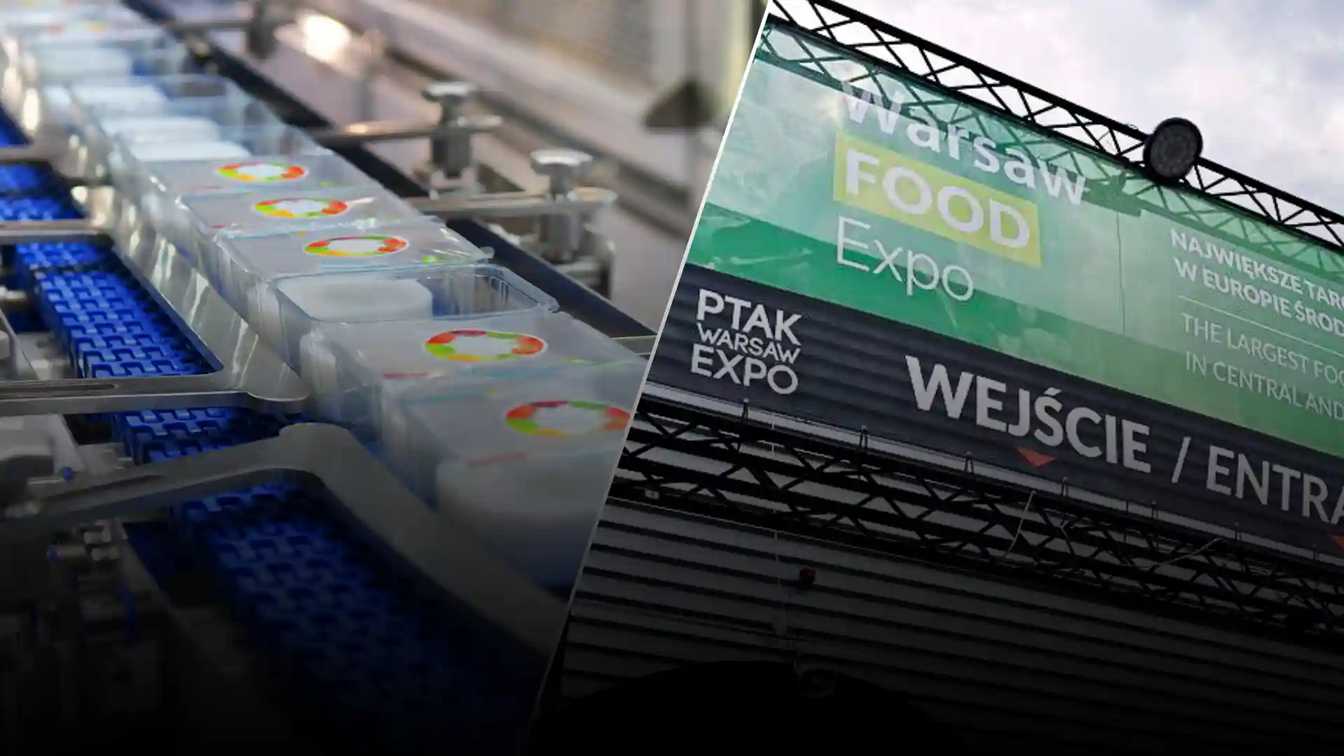 Main background collage of a food packaging conveyor belt and the Warsaw Food Expo 2025 entrance sign