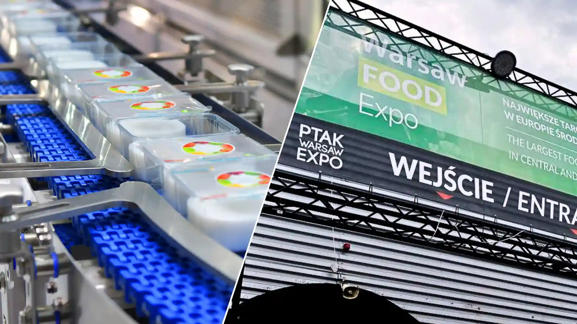 Collage showing a food packaging conveyor belt and the entrance sign to Warsaw Food Expo 2025 at Ptak Warsaw Expo